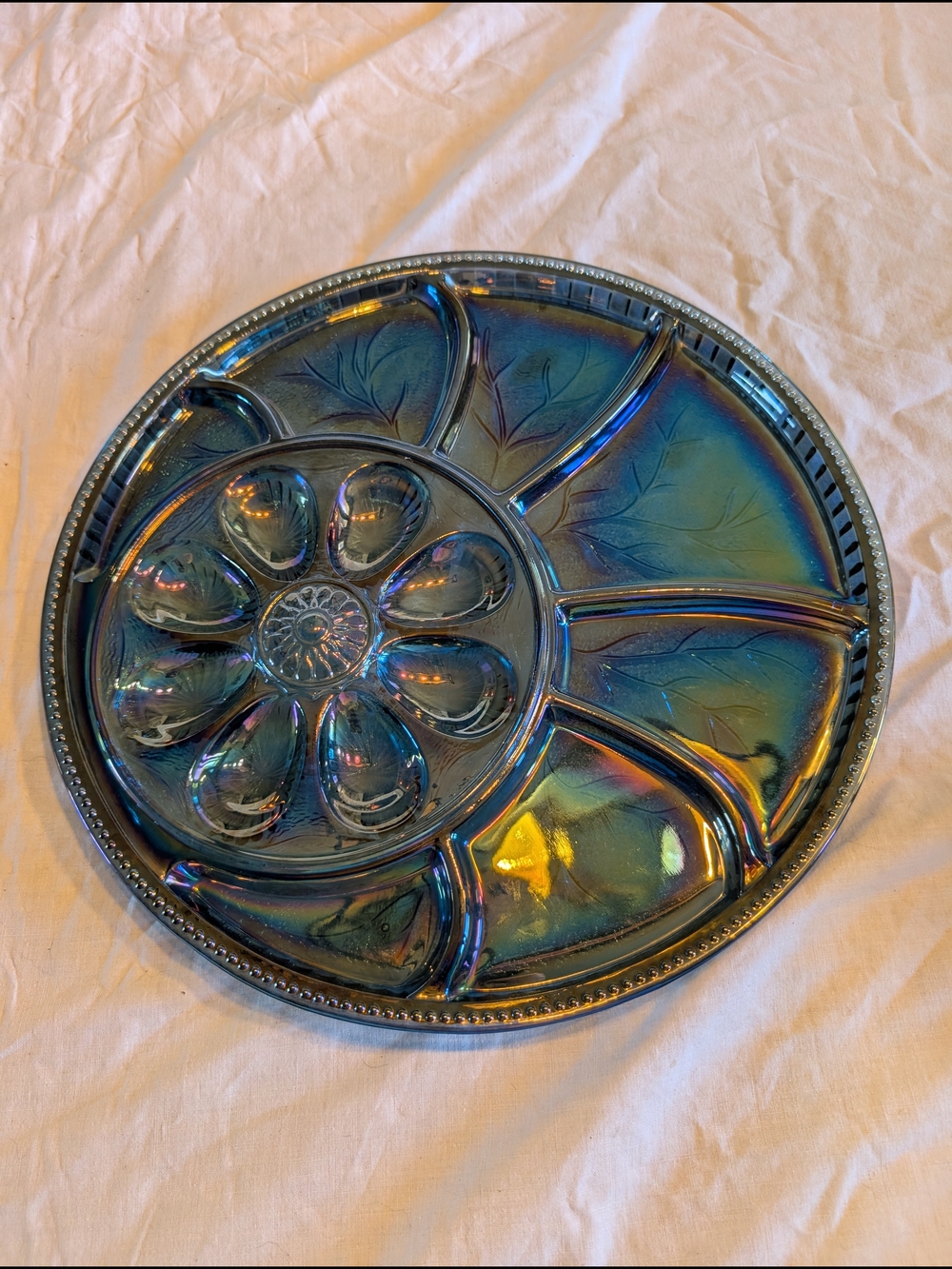 2/110$ Indiana Glass Iridescent Blue Divided devil egg Serving Platter